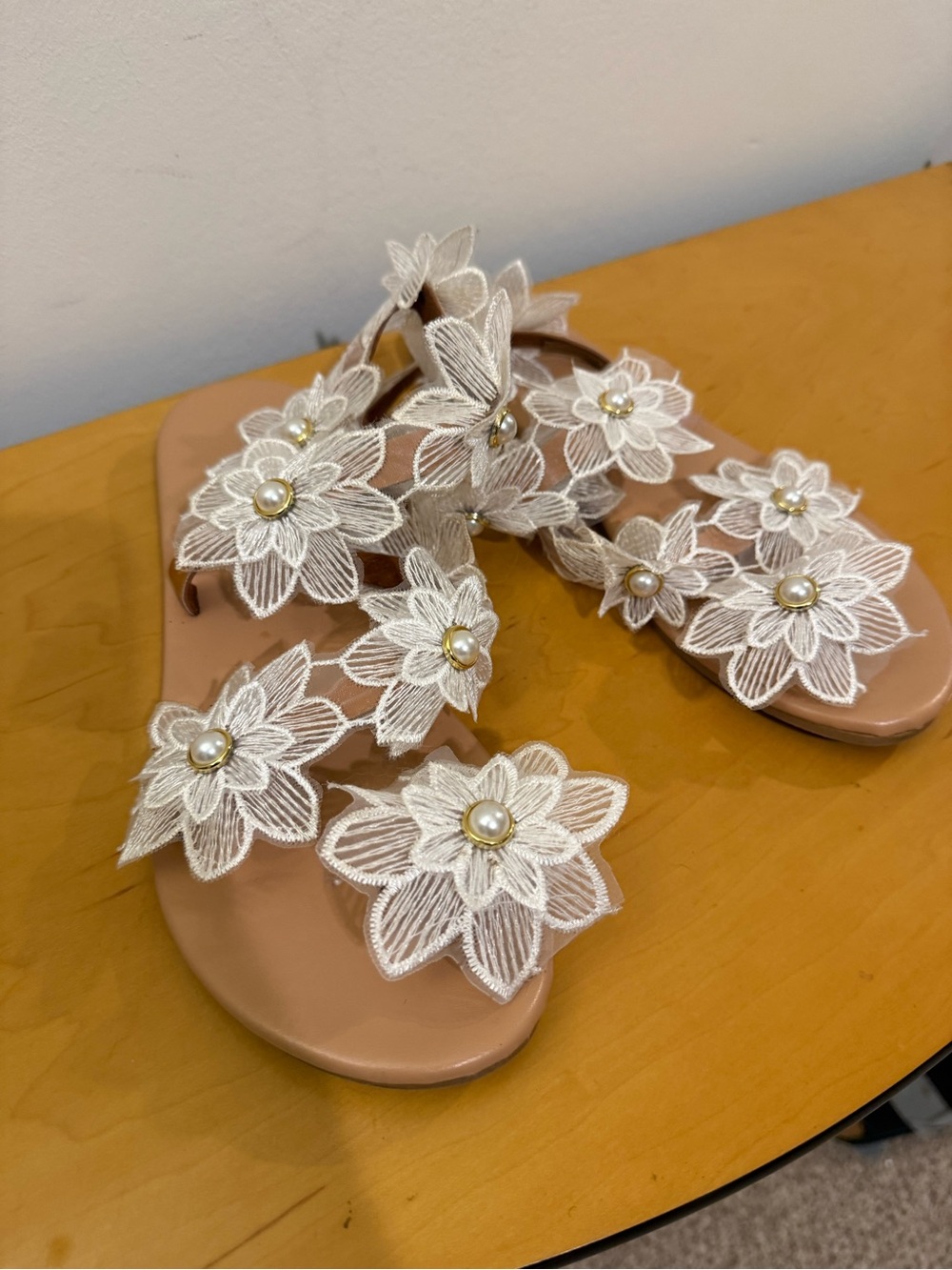 Lace Floral Pearl Embellished Women’s Sandals